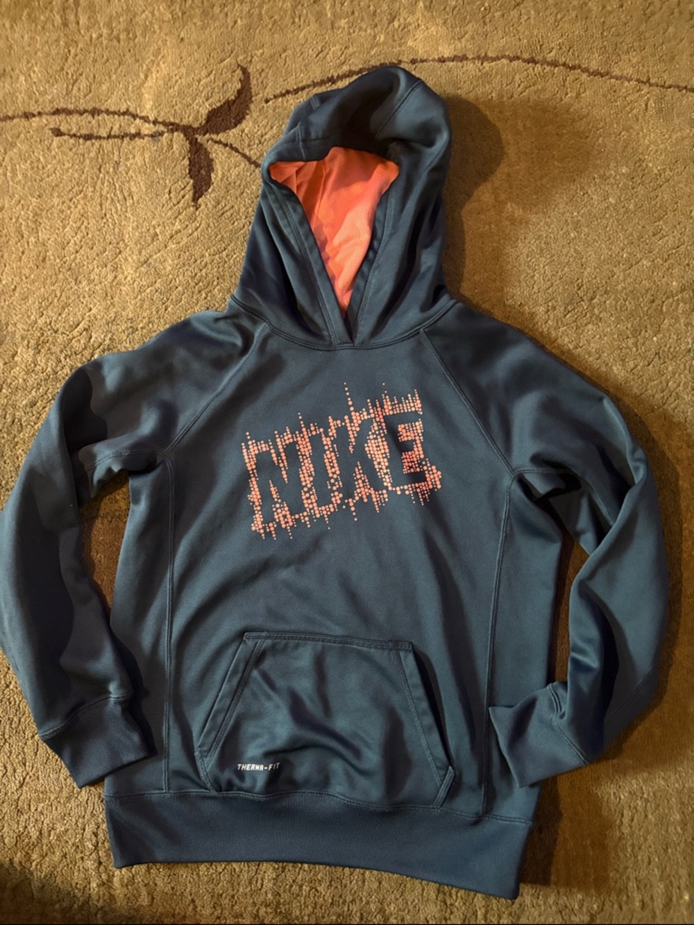 Nike Kids Hoodie Navy Blue with Coral Logo and Lined Hood